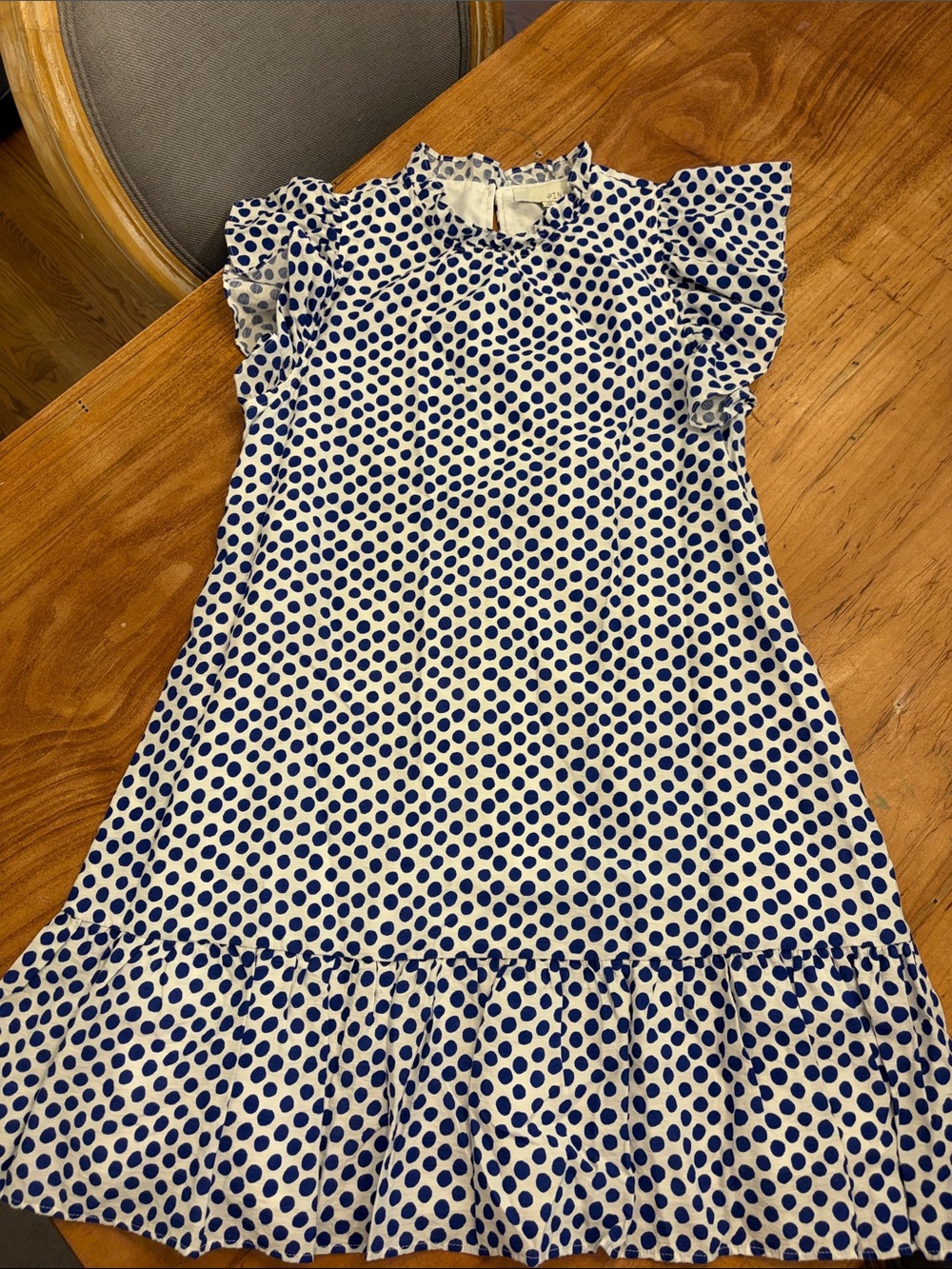 Pinch White Dress with Blue Polka Dots and Ruffle Sleeves